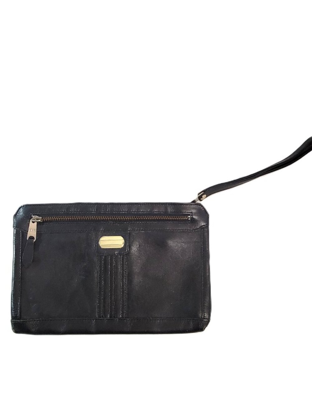 Vintage Berman's Black Leather Wristlet Made in Korea Brass Zipper Pouch